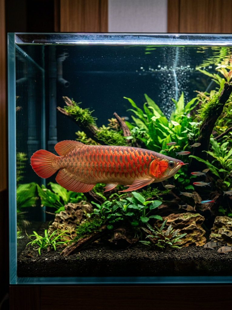 Red arowana fish swimming in a planted aquarium with green plants and small fish